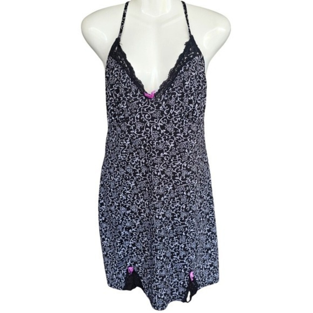 Marilyn‎ Monroe Black White Floral Vine Lace Trim Chemise Nightie Pink Bows